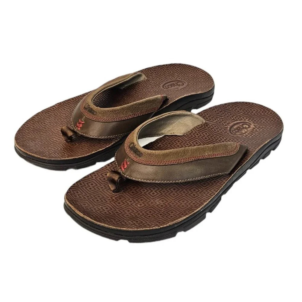 Chaco Mens Kirkwood Dark  Earth Leather Sandals Size 9 Brown Flip Flops Slip On